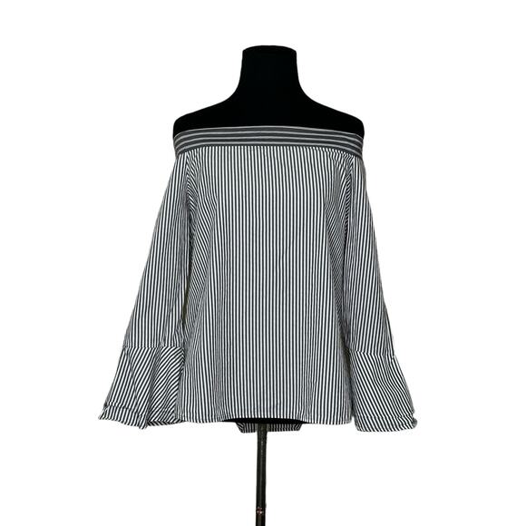 Loft gray white stripes off shoulder 3/4 sleeves blouse size small - Picture 5 of 13